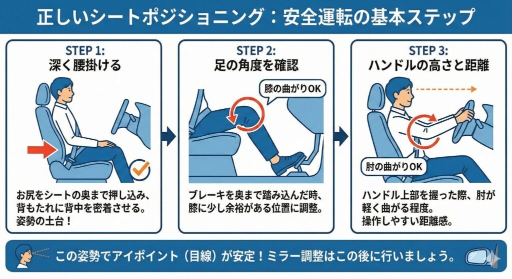 正しい運転席への座り方の図説
